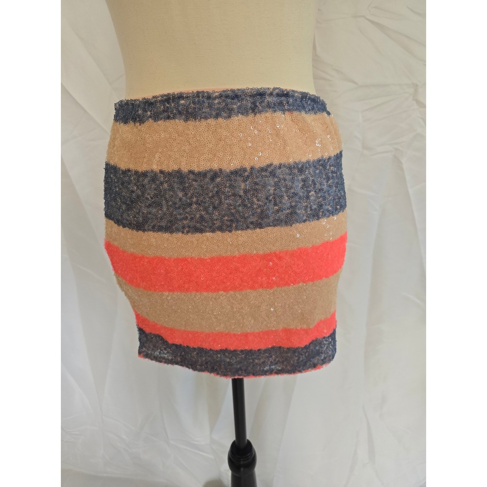ZINGA‎ Sequin Striped Mini Skirt Coral Navy Tan Size Small